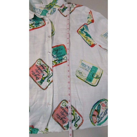 Jane + Delancey Canned Sardine Print Women's Button Up Shirt Blend Linen Size M - Picture 12 of 12